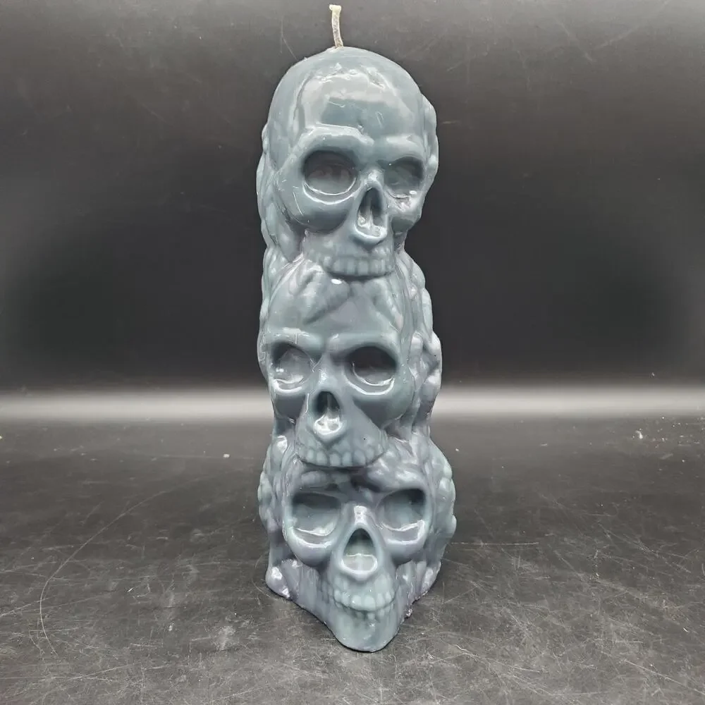 Large Triple Skull Pillar Candle Gothic Halloween Hand Poured Blue Gray Decor
